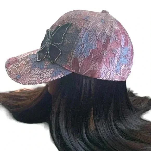 Boutique Handcrafted Feminine Floral Lace Embroidered Butterfly Baseball Cap Hat - Picture 6 of 9